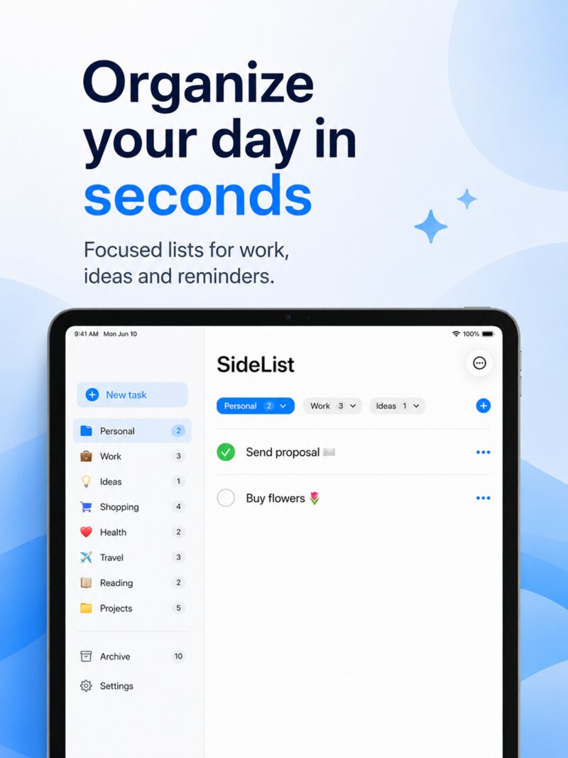 SideList на iPad — перетаскивание для порядка задач