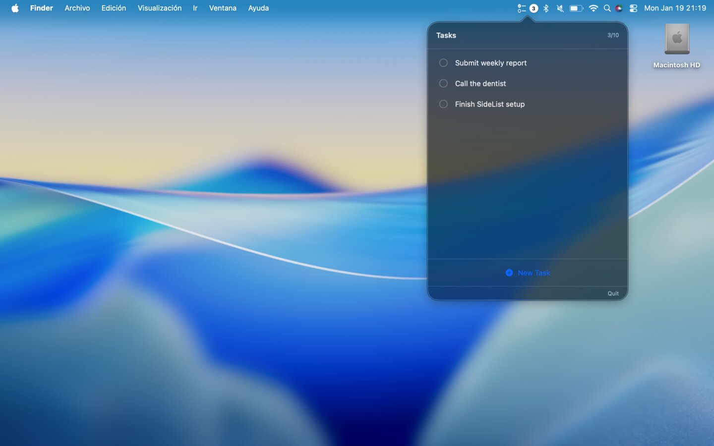 SideList - Acces depuis la barre de menus